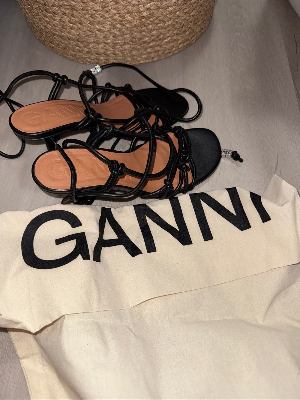Ganni Black Strappy Lace-Up Sandals with Crystal Accents